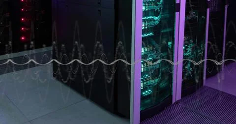 Image of layers of data processing on interface screens over computer server Stockfoto's