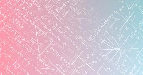 Image of layers of mathematical equations over pink and blue background Stock Illustration