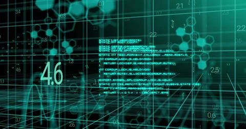 Image of layers of processing data and coding moving over 3d grid on black Stock Illustration