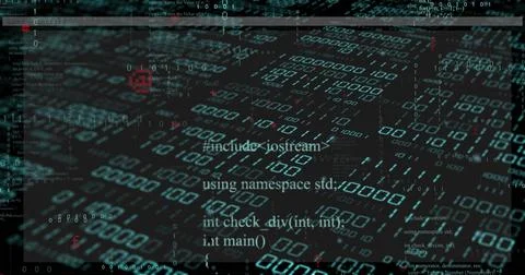 Image of layers of text and binary data processing on black background Stockillustratie