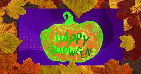 Image of leaf frame over happy halloween and jack o lantern in background Stock Photos