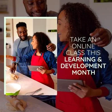 Image of learning and development month over african american couple cooking Fotos Stock