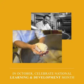 Image of learning and development month over yellow background with photos of Stock Photos