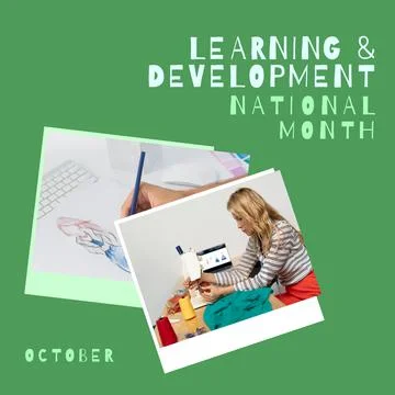 Image of learning and development national month on green background with photos Stock Photos