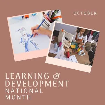 Image of learning and development national month on brown background with photos Stock Photos