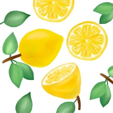 Image of lemons with leaves on a white background Stock Illustration