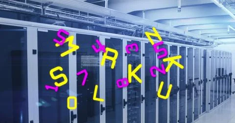 Image of letters and data processing over computer servers 스톡 사진