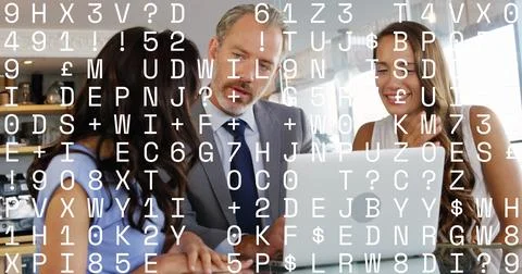 Image of letters and data processing over diverse business people using laptop Foto stock