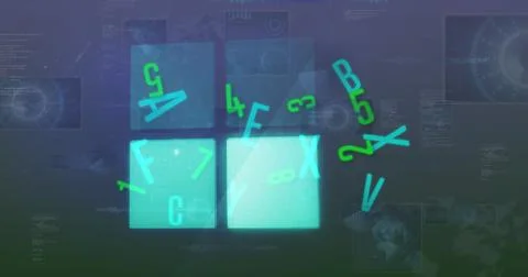 Image of letters and numbers with glowing squares over data processing イラスト素材