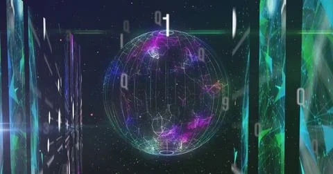 Image of letters and numbers over spinning globe and digital screen Stock Photos