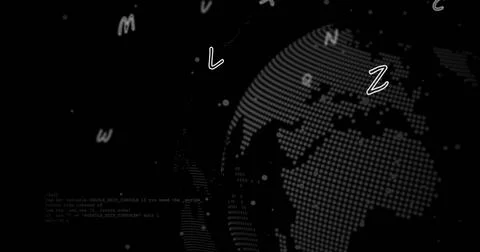 Image of letters over globe with data processing on black background Stock Photos