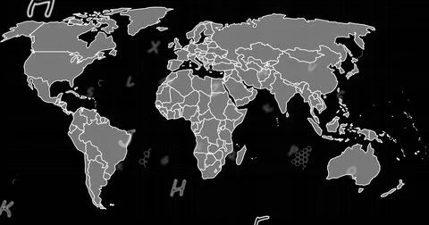 Image of letters over world map on black background Stock-Fotos
