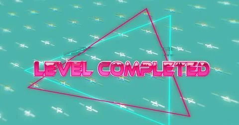 Image of level completed and triangles over green background with triangles Stock Photos