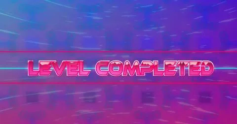 Image of level completed text and purple shapes over blue background Stock Illustration