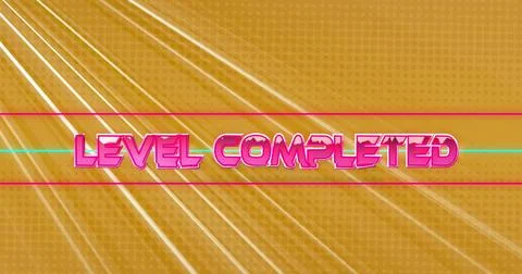 Image of level completed text banner over light trails against yellow background Stock Photos
