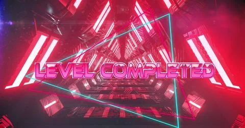 Image of level completed text banner over neon red glowing tunnel in seamle.. Stock Photos
