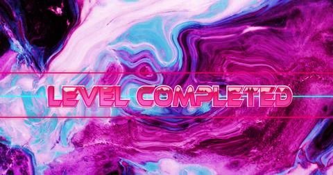 Image of level completed text in metallic pink over pink and blue liquid waves Stock Illustration
