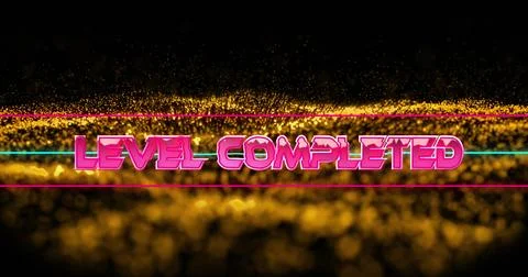 Image of level completed text in metallic pink letters with lines over mesh Stock Photos