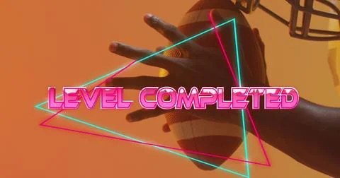 Image of level completed text over neon pattern and african american american Stockillustratie
