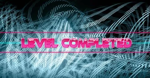 Image of level completed text over neon pattern background イラスト素材