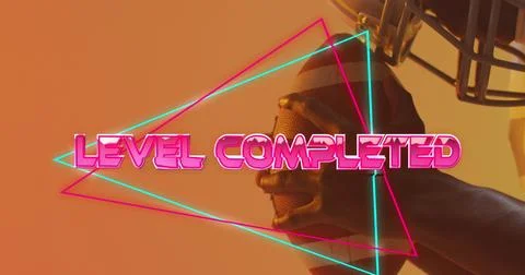 Image of level completed text over neon pattern and african american american Stock Photos