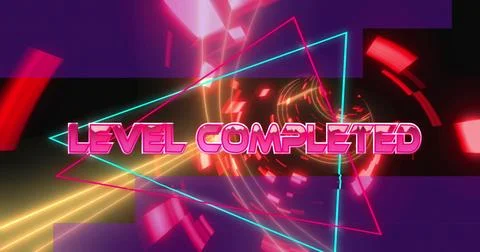 Image of level completed text over neon tunnel Stock Photos