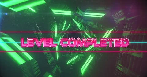 Image of level completed text over neon tunnel Stock Photos