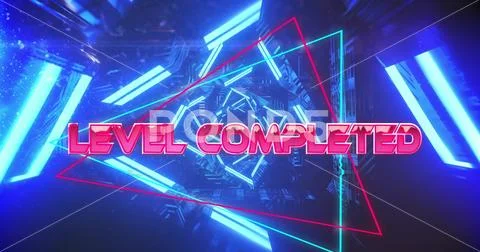 Image of level completed text over neon pattern background 스톡 사진