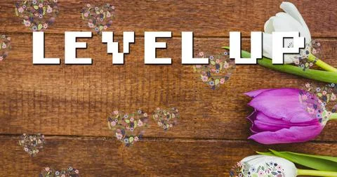 Image of level up in digital abstract space with tulips and flower hearts Stock Photos