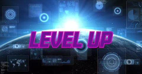 Image of level up text and data processing with globe on black background 스톡 일러스트