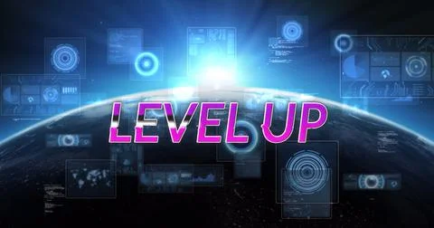 Image of level up text and data processing with globe on black background Stock Illustration