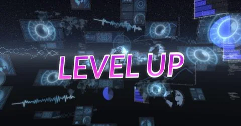 Image of level up text and data processing on black background Stock Illustration