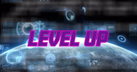 Image of level up text and data processing with globe on black background Stock Illustration