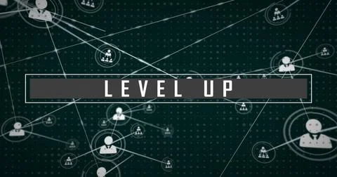 Image of level up text and network of connections on black background Stock Photos