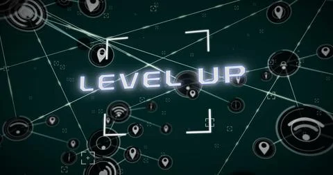 Image of level up text and network of connections on black background Stock Photos
