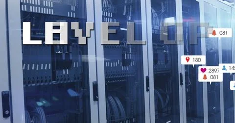 Image of level up text and social media icons and numbers over computer servers Stock Photos