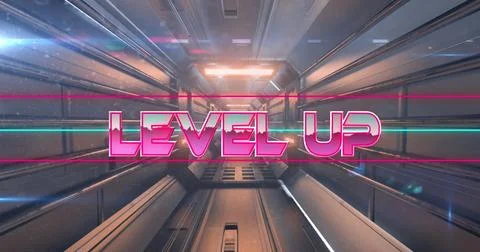 Image of level up text banner against grey tunnel in seamless pattern Stockfoto's
