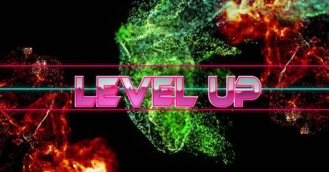 Image of level up text banner over digital waves against black background Stock Photos