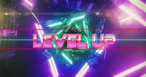 Image of level up text banner over neon green and pink glowing tunnel in se.. Foto stock