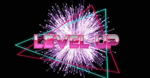Image of level up text in metallic pink letters with triangles over purple Stock Photos