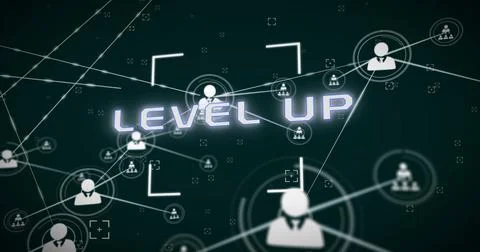 Image of level up text, network of connections with icons and data processing 스톡 사진