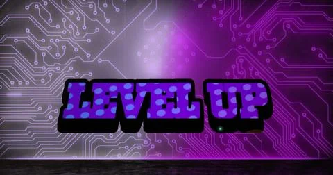 Image of level up text over computer matrix on dark background Stock Photos