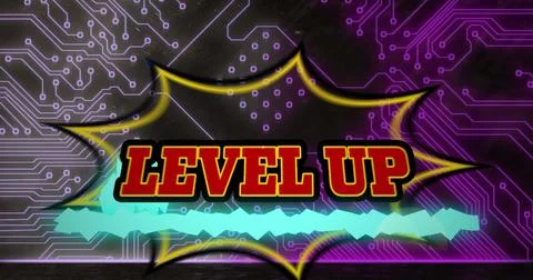Image of level up text over computer matrix on dark background Stock Photos