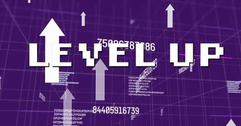 Image of level up text over data processing and arrows on purple background Stock Illustration