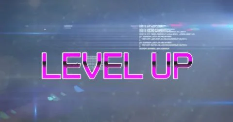 Image of level up text over data processing and sky with clouds Stock Illustration