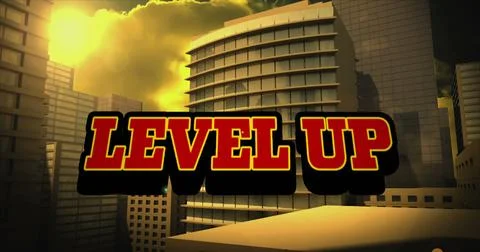 Image of level up text over digital cityscape Stock Photos