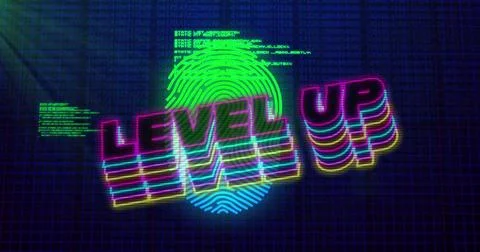 Image of level up text over fingerprint and data processing on black background Foto stock