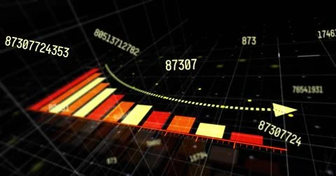 Image of level up text over grid and data processing Stock Photos