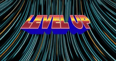 Image of level up text over light trails pattern background Stock Photos