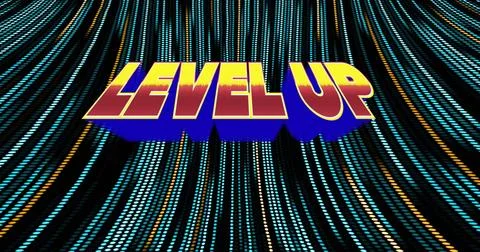 Image of level up text over light trails pattern background Stock Photos